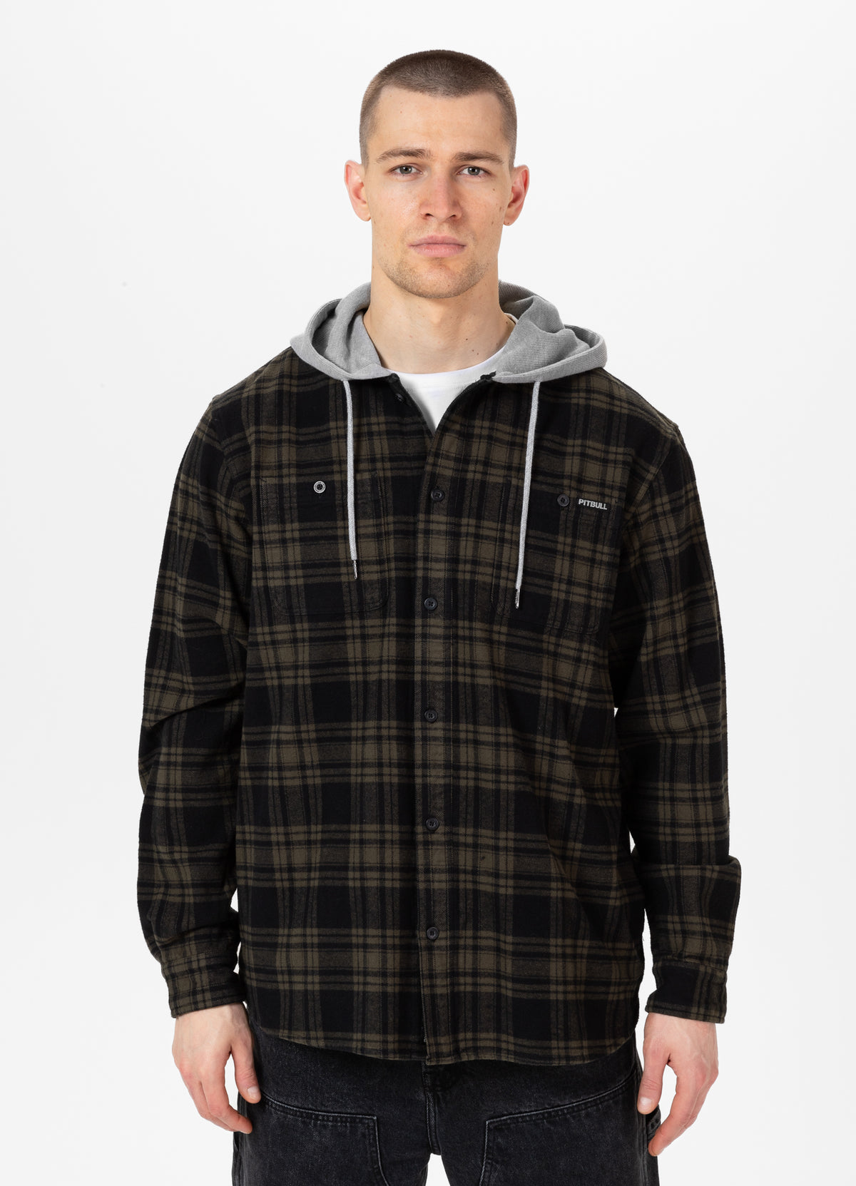 WOODSON Olive/Black Hooded Flannel Shirt - Pitbullstore.eu